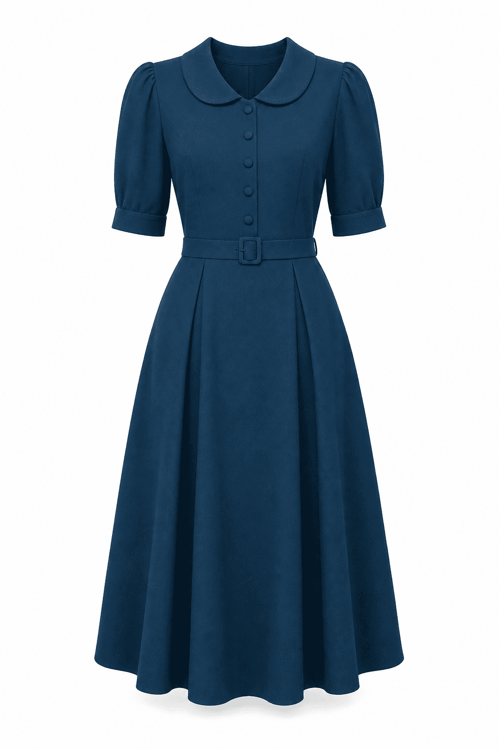 Garment image used as the try-on input: a navy vintage-style dress