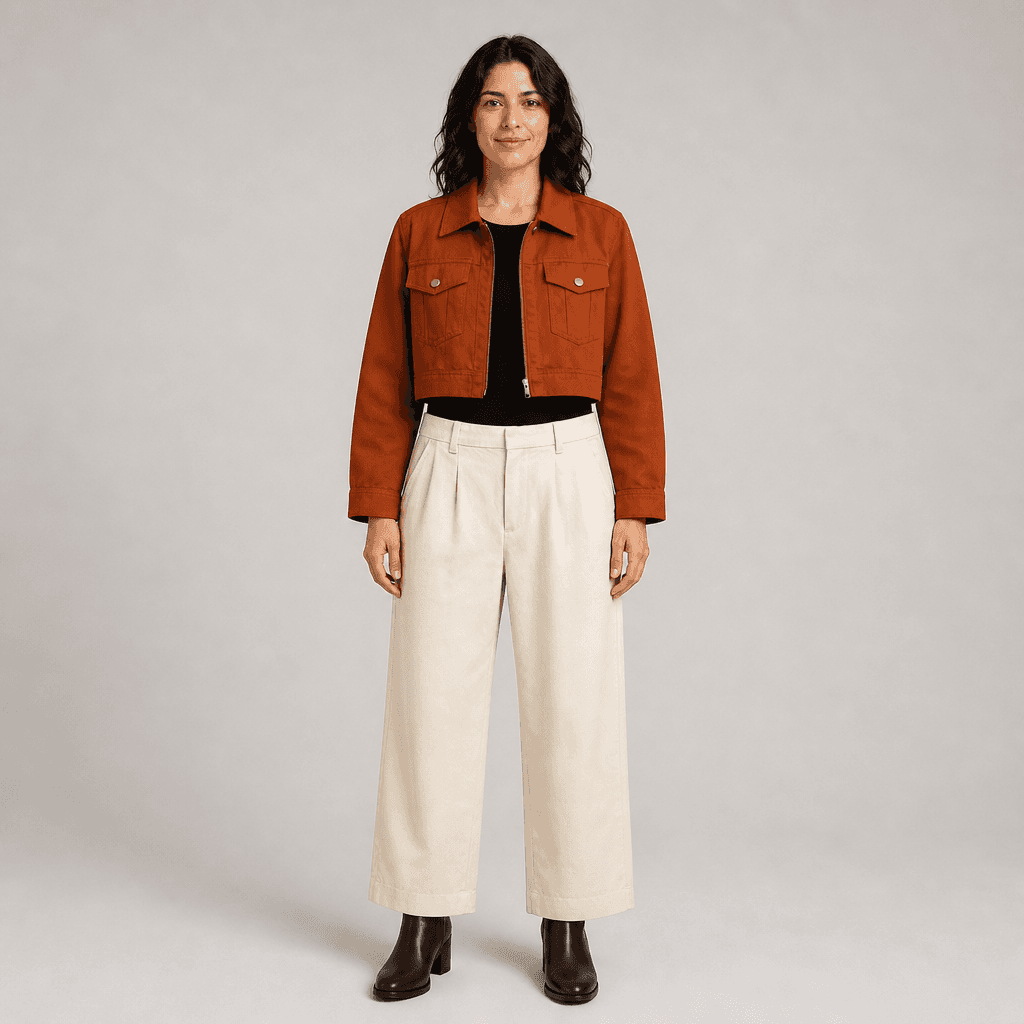 AI-generated virtual try-on result with a casual rust jacket outfit