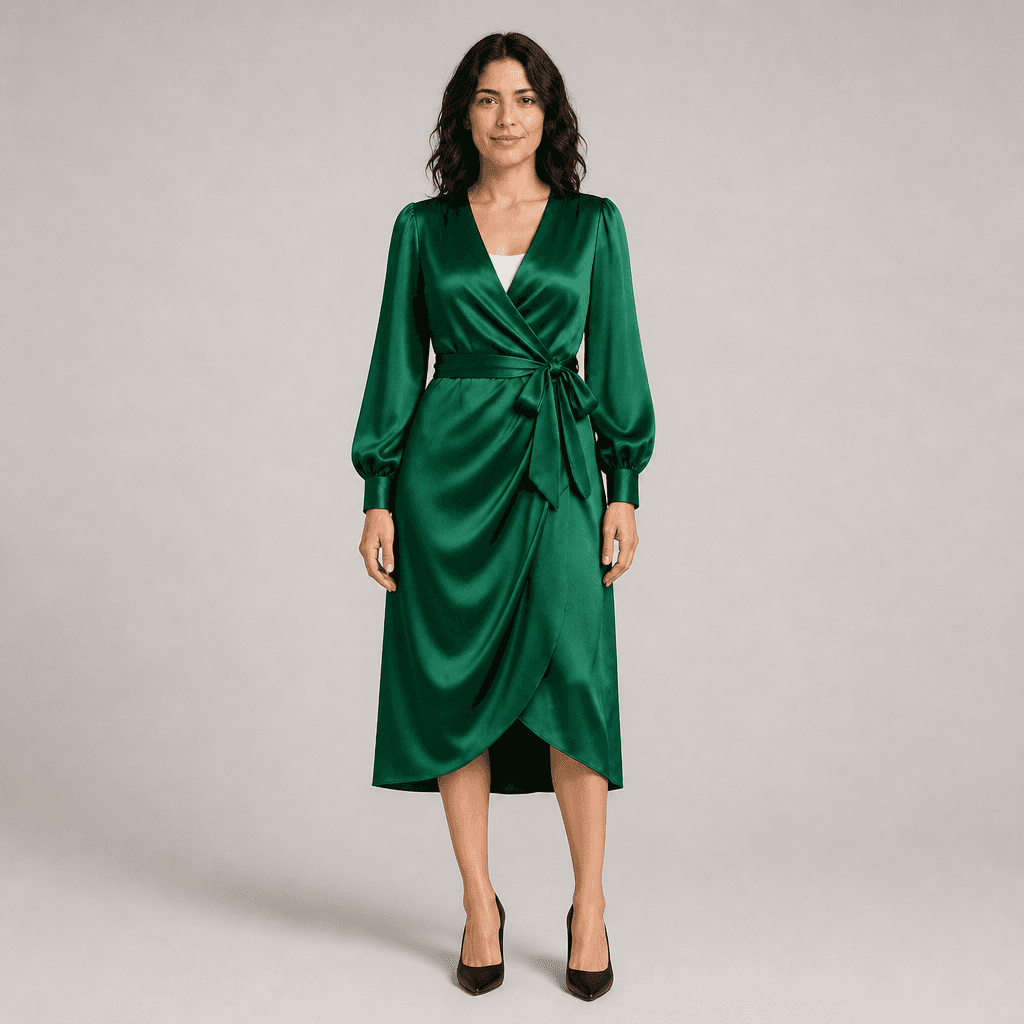 AI-generated virtual try-on result with an emerald evening dress