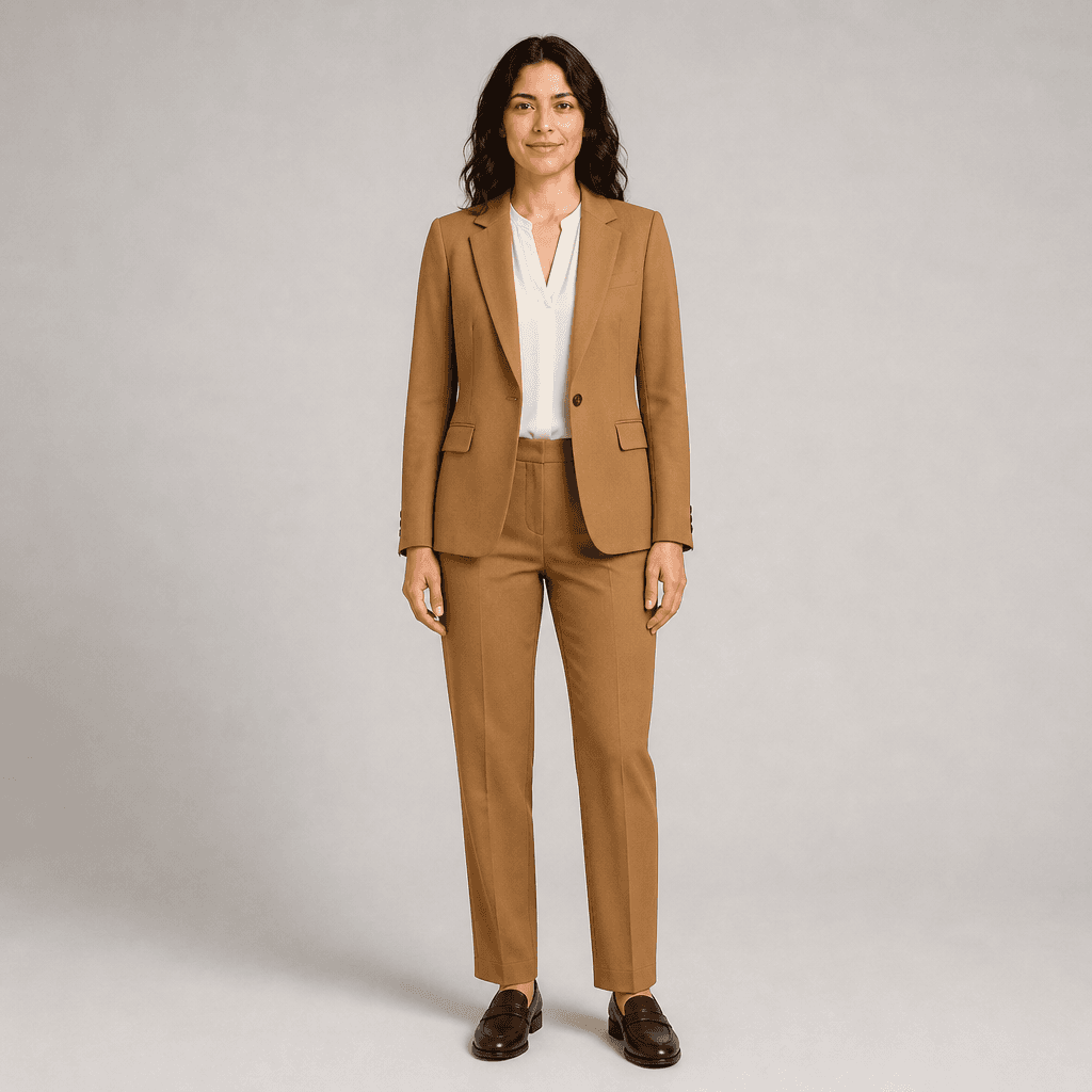 AI-generated virtual try-on result with a camel workwear outfit