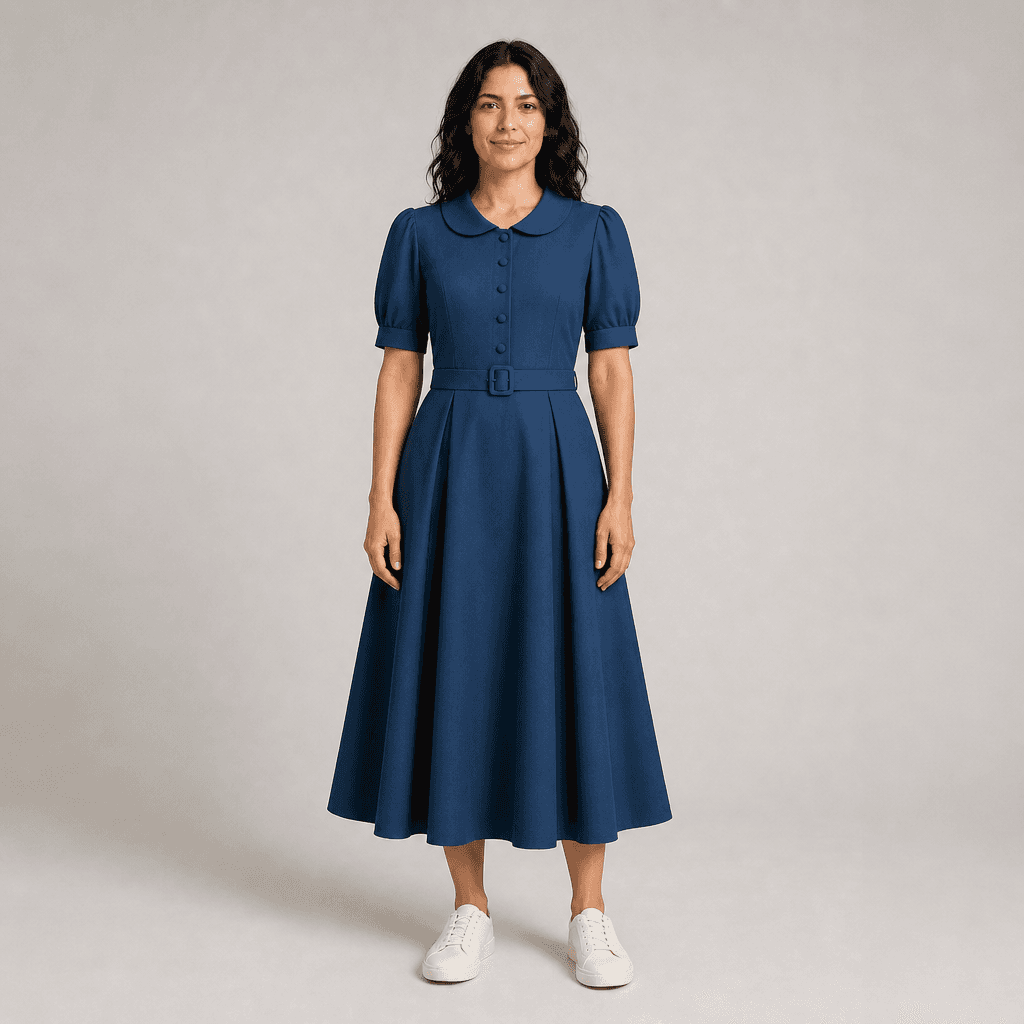 AI-generated virtual try-on result with a navy dress